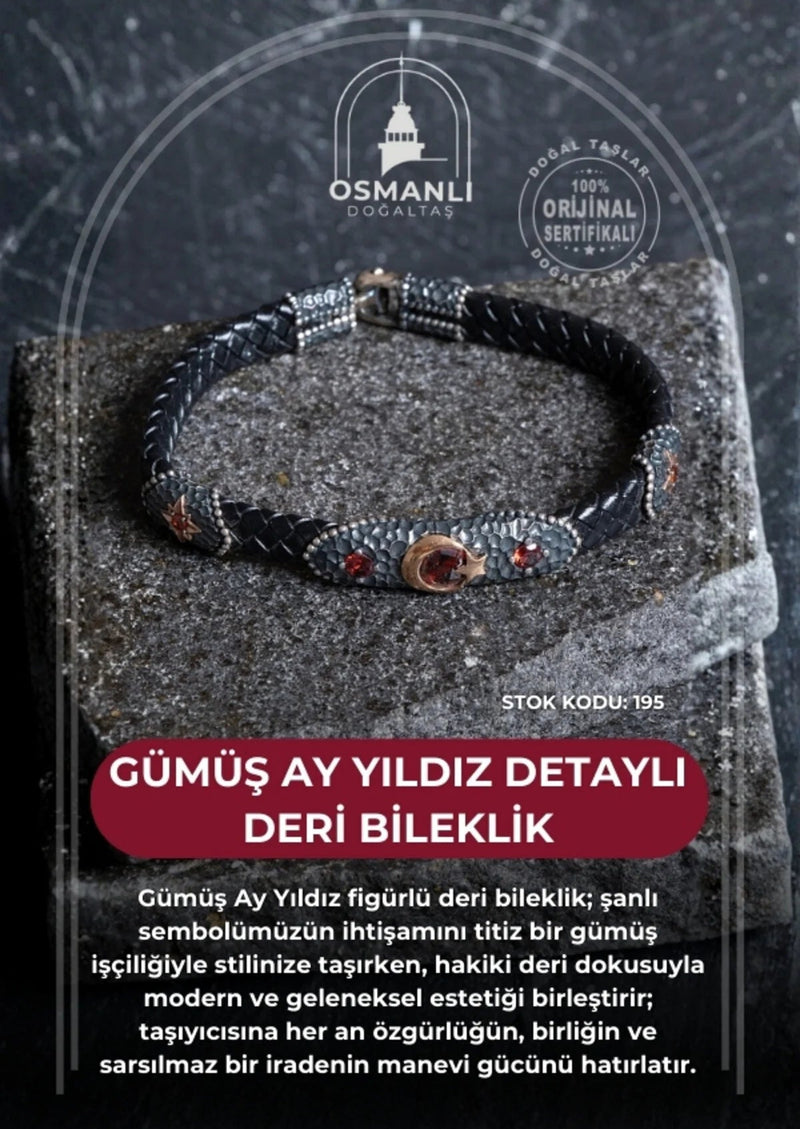 Sertifikalı Gümüş Ay Yıldız Detaylı Deri Bileklik (SK:195)