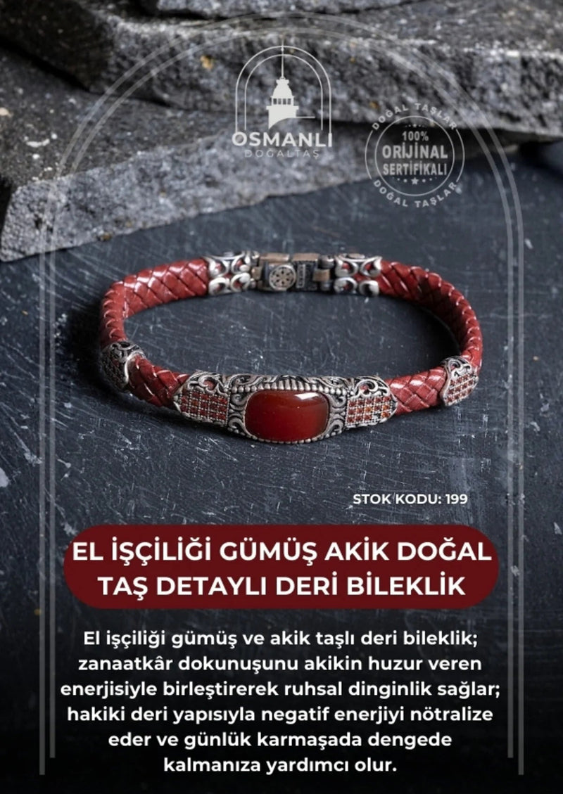 Sertifikalı El İşçiliği Gümüş Akik Doğal Taş Detaylı Deri Bileklik (SK:199)