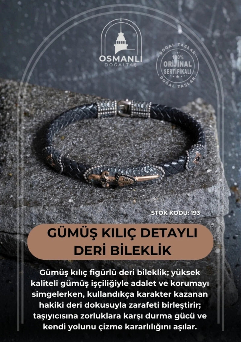 Sertifikalı Gümüş Kılıç Detaylı Deri Bileklik (SK:193)