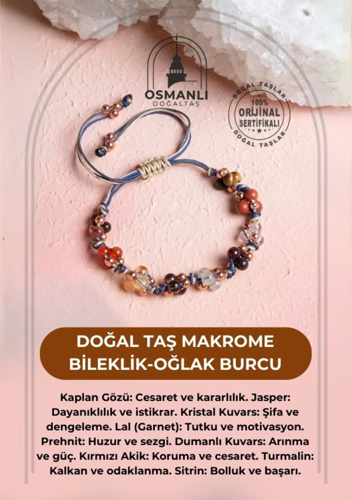 Sertifikalı Doğal Taş Makrome Bileklik-Oğlak Burcu