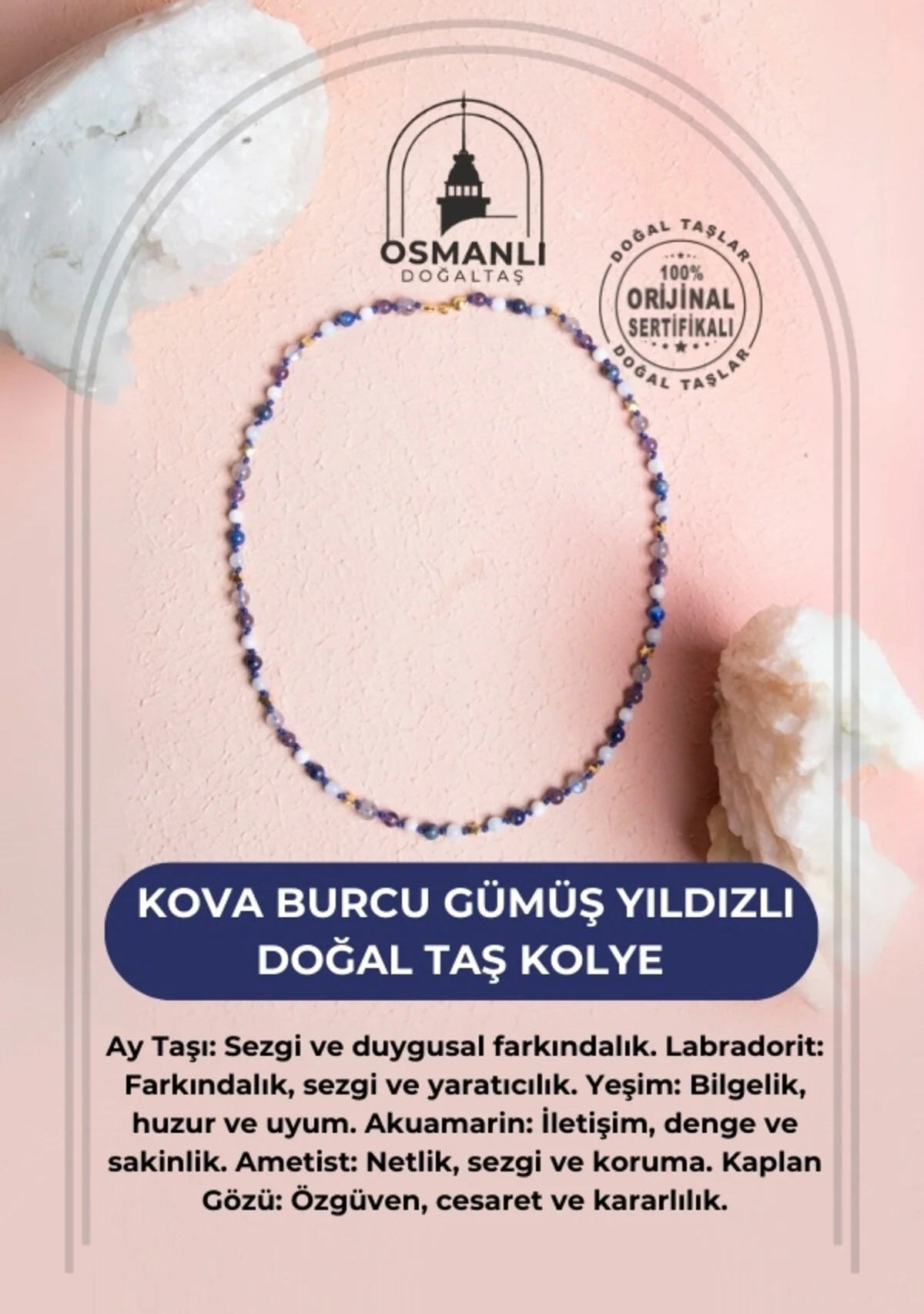 Sertifikalı Kova Burcu Gümüş Yıldızlı Doğal Taş Kolye