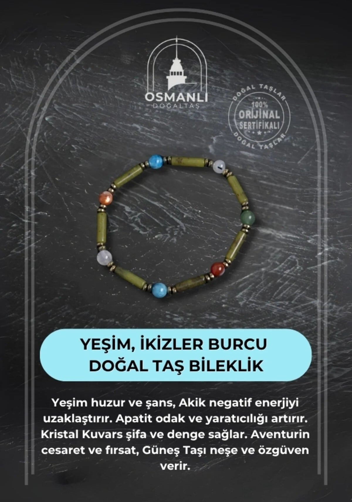 Sertifikalı Yeşim ve İkizler Burcu Doğal Taş Bileklik