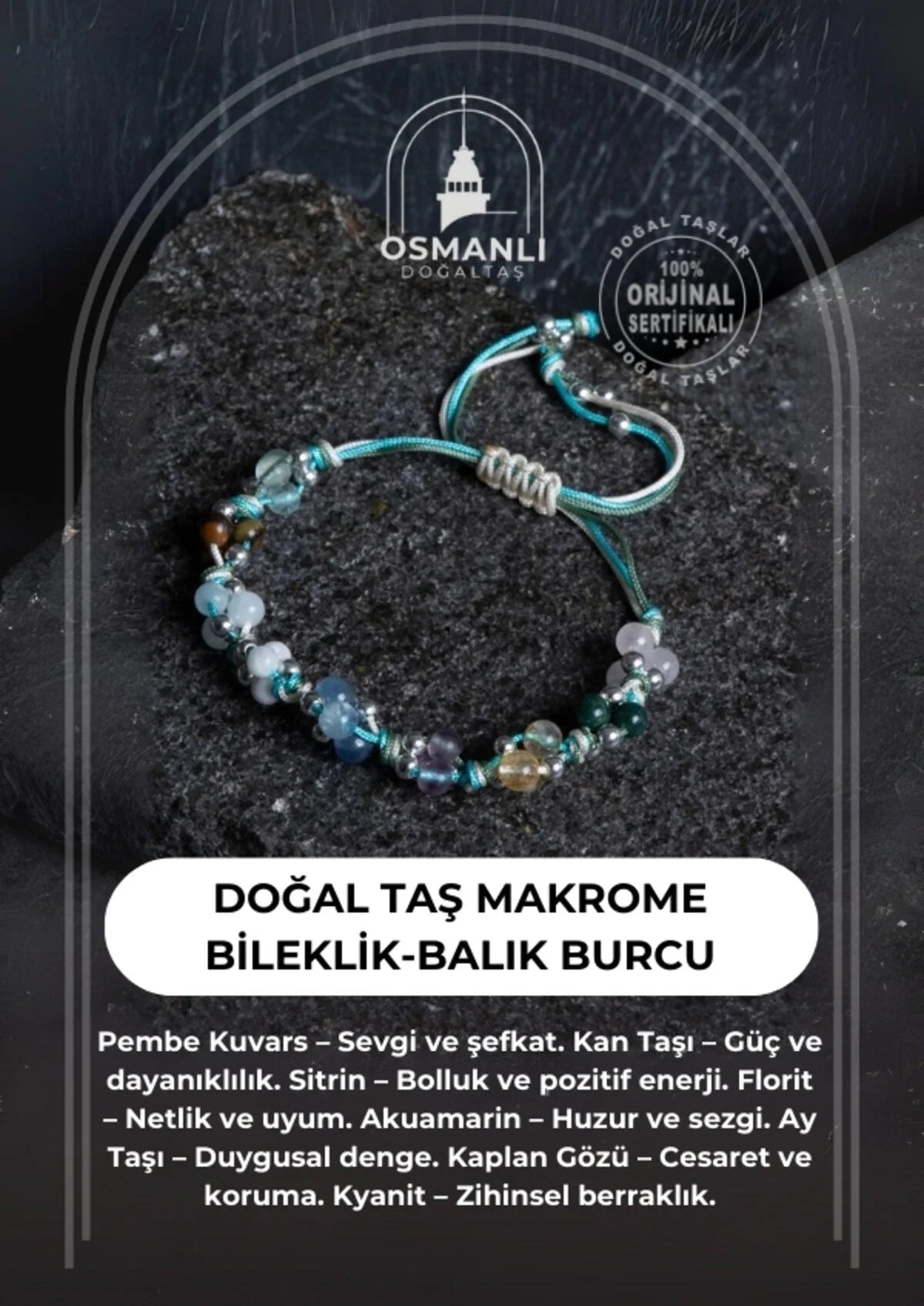 Sertifikalı Doğal Taş Makrome Bileklik-Balık Burcu