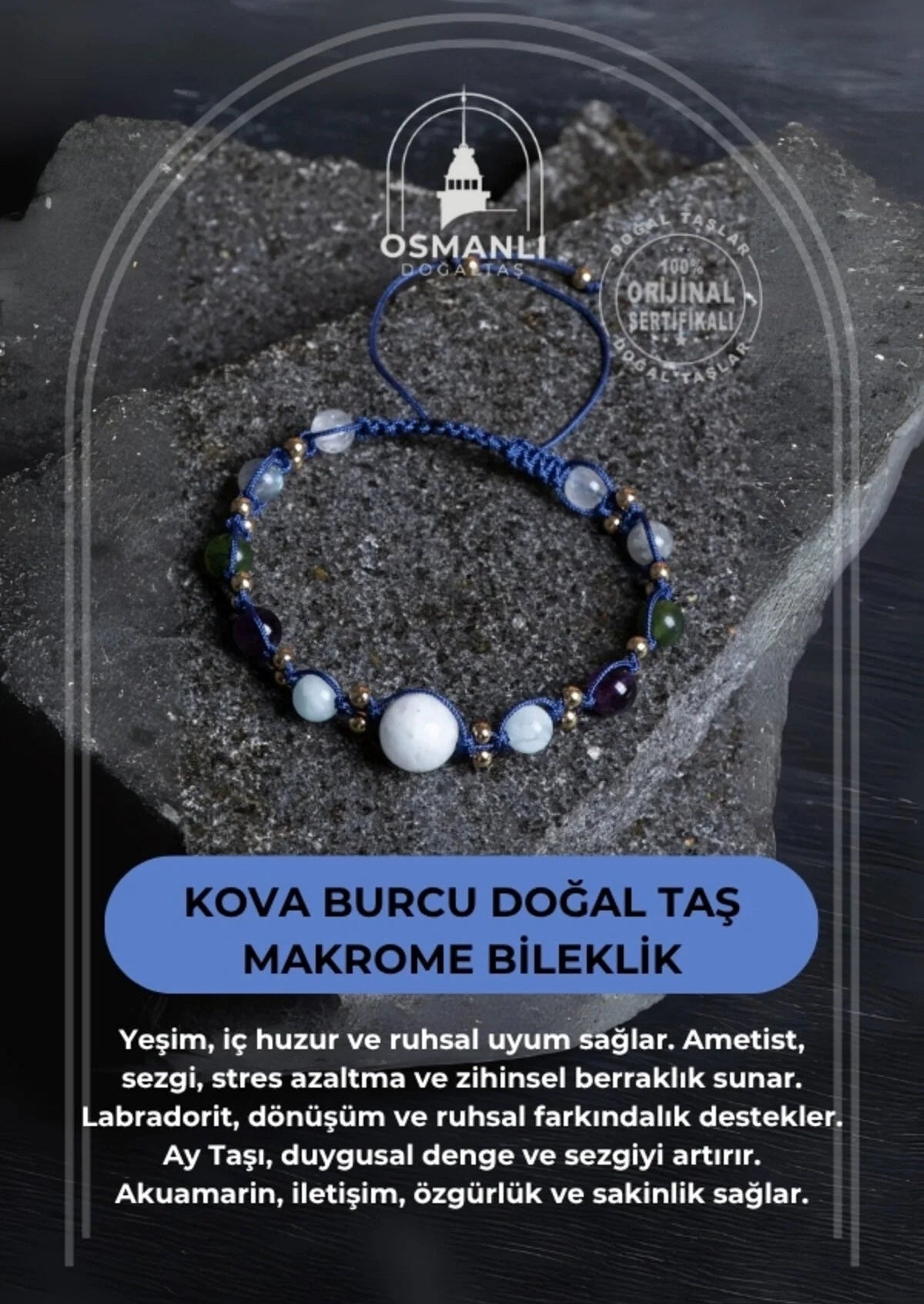 Sertifikalı Kova Burcu Doğal Taş Makrome Bileklik