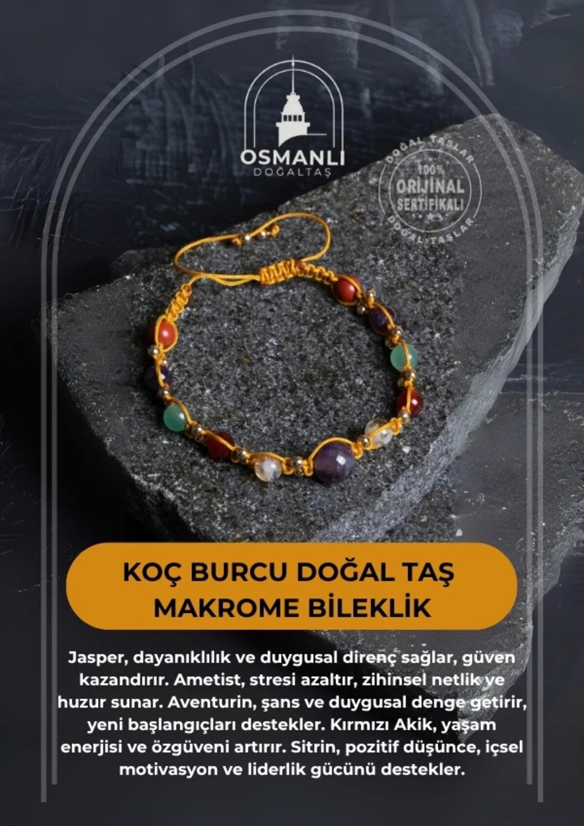 Sertifikalı  Doğal Taş Makrome Bileklik-Koç Burcu