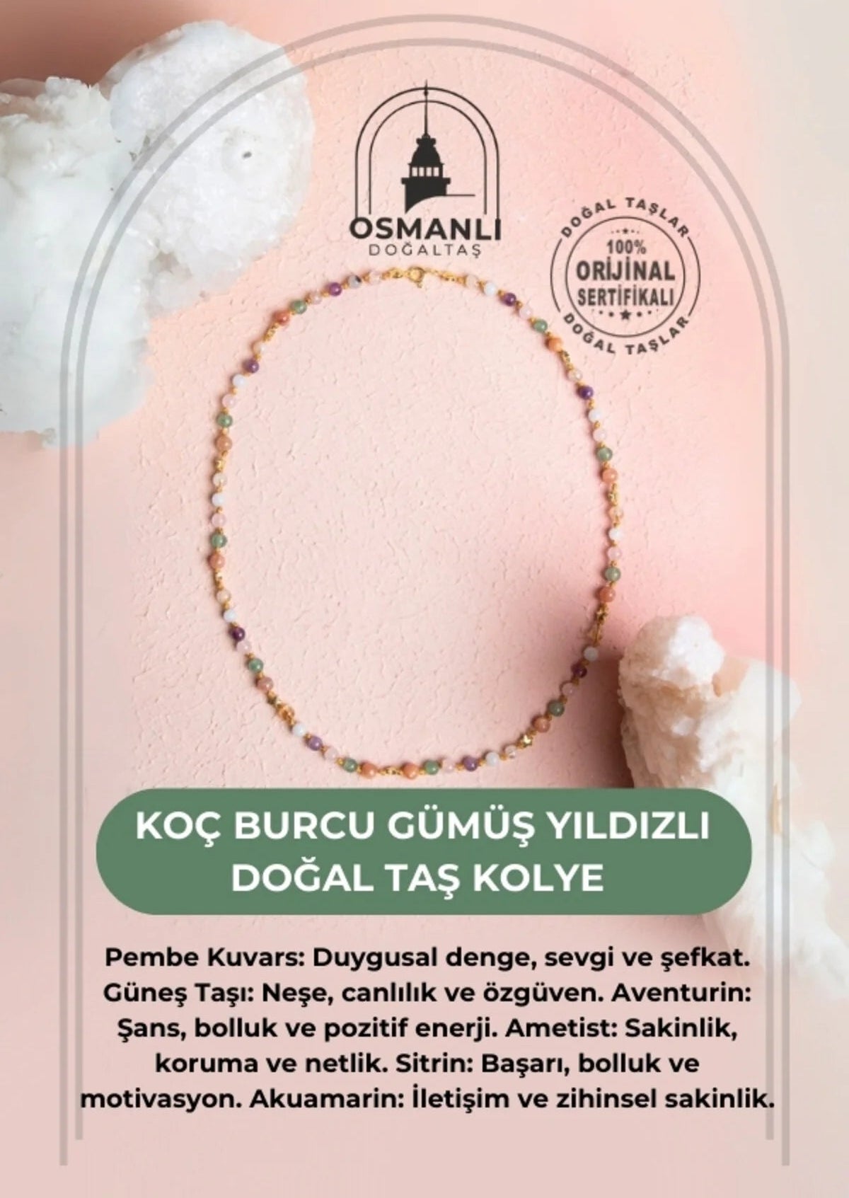 Sertifikalı Koç Burcu Gümüş Yıldızlı Doğal Taş Kolye