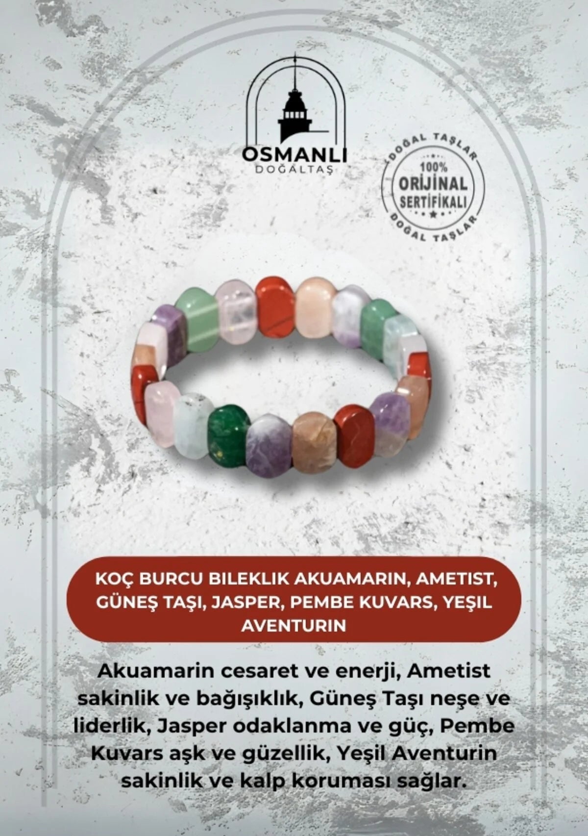 Koç Burcu Bileklik Akuamarin, Ametist, Güneş Taşı, Jasper, Pembe Kuvars, Yeşil Aventurin