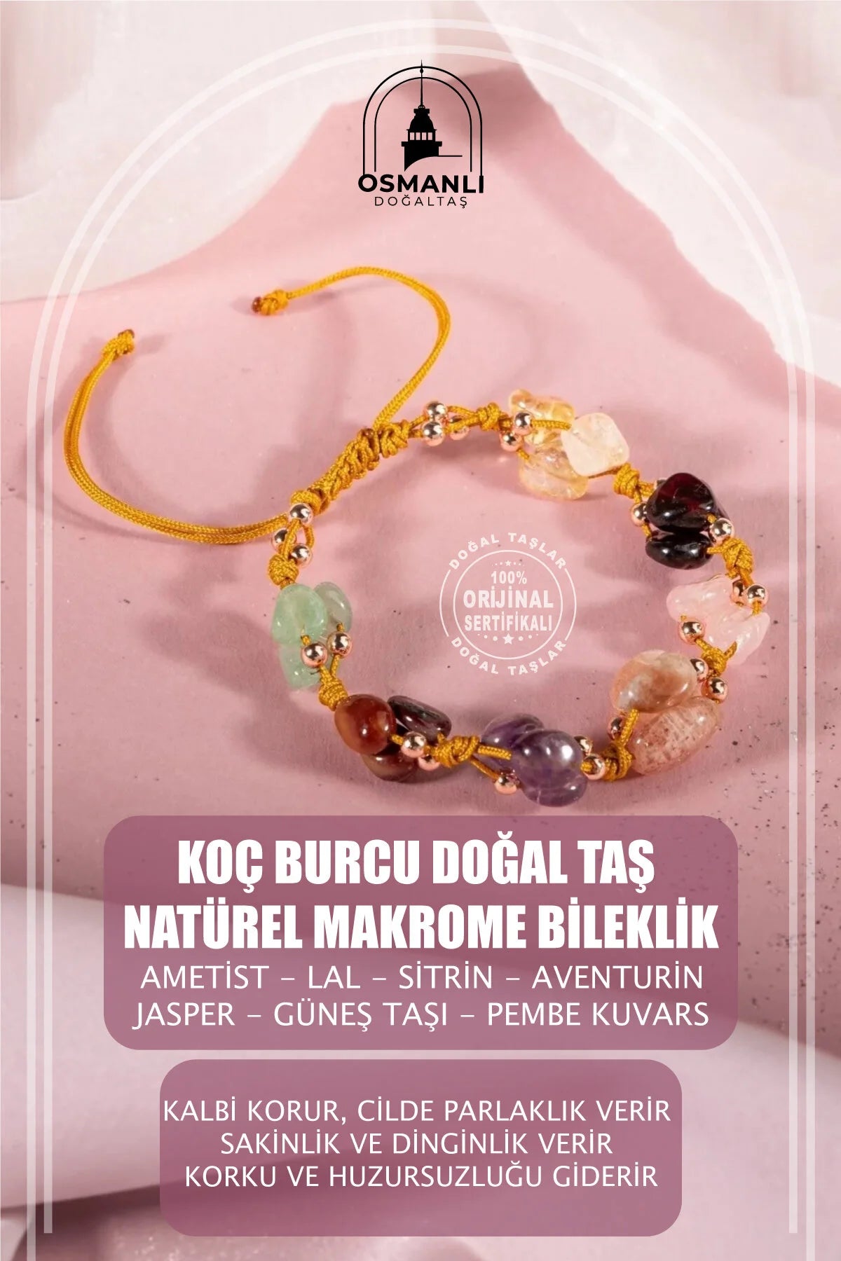 Koç Burcu Bileklik Ametist, Bordo Granat Lal, Güneş Taşı, Jasper, Pembe Kuvars, Sitrin, Yeşil Aventurin