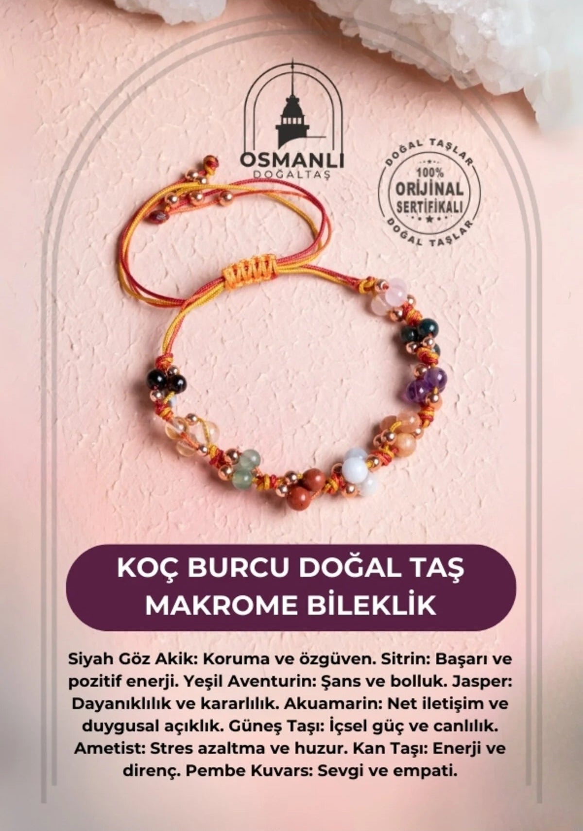 Sertifikalı Koç Burcu Doğal Taş Makrome Bileklik