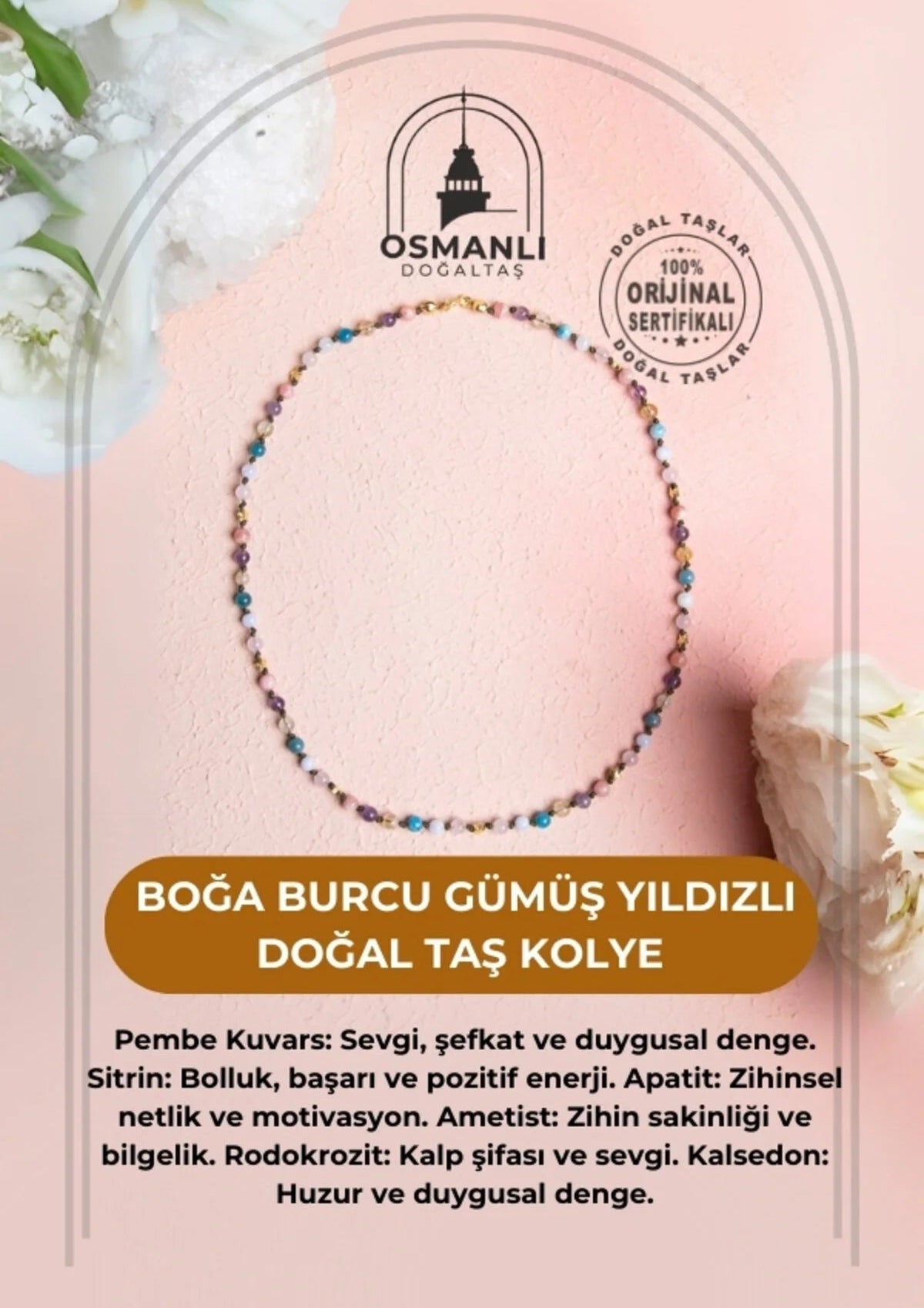 Sertifikalı Boğa Burcu Gümüş Yıldızlı Doğal Taş Kolye