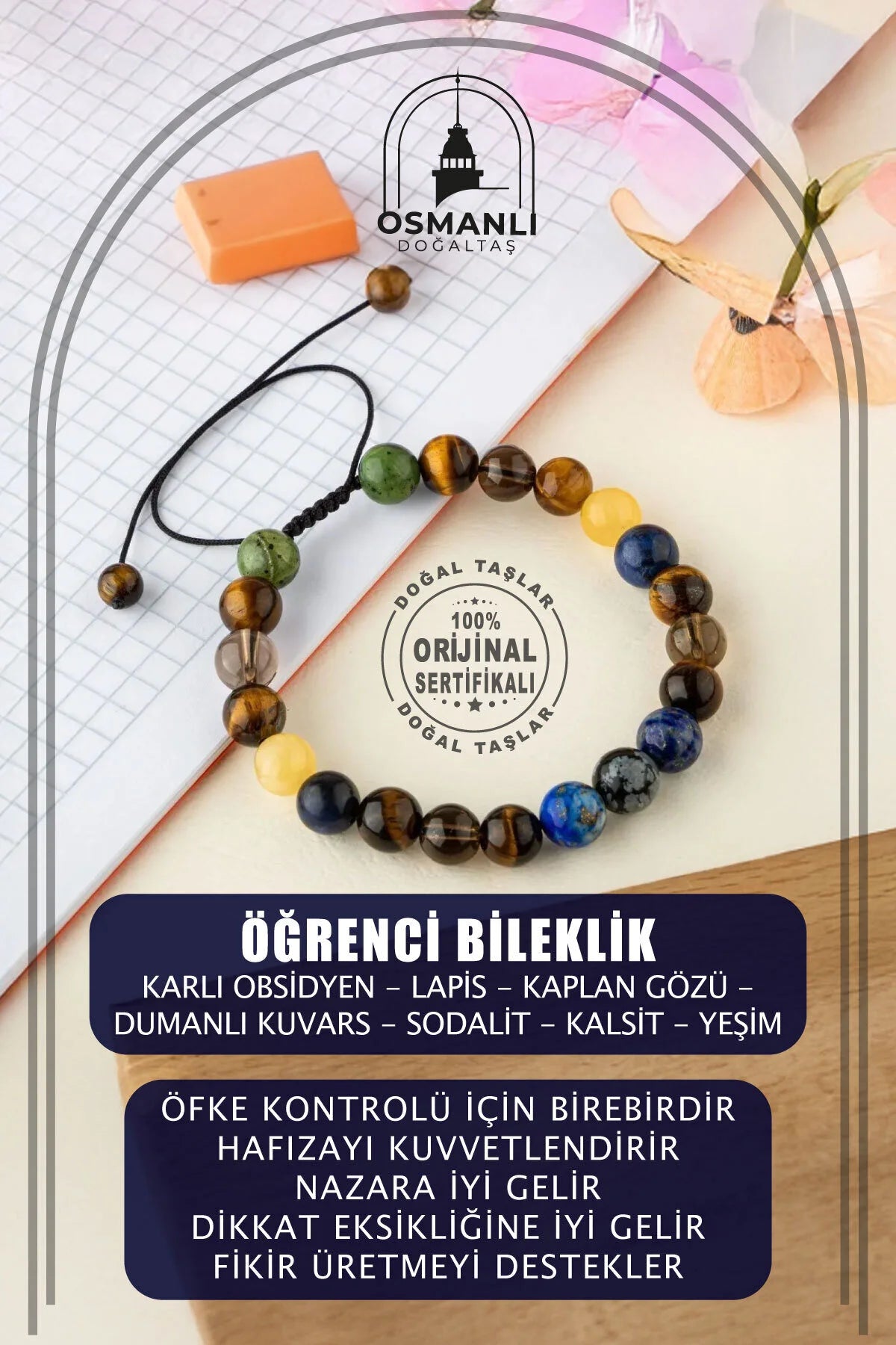 Öğrenci Doğal Taş Bileklik-Karlı Obsidyen-Lapis-Kaplan Gözü-Dumanlı Kuvars-Sodalit-Kalsit-Yeşim