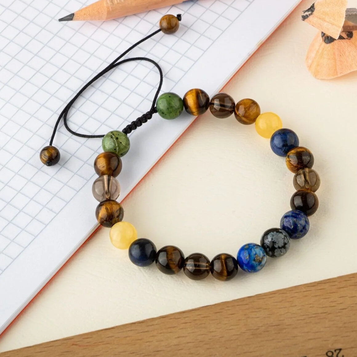 Öğrenci Doğal Taş Bileklik-Karlı Obsidyen-Lapis-Kaplan Gözü-Dumanlı Kuvars-Sodalit-Kalsit-Yeşim