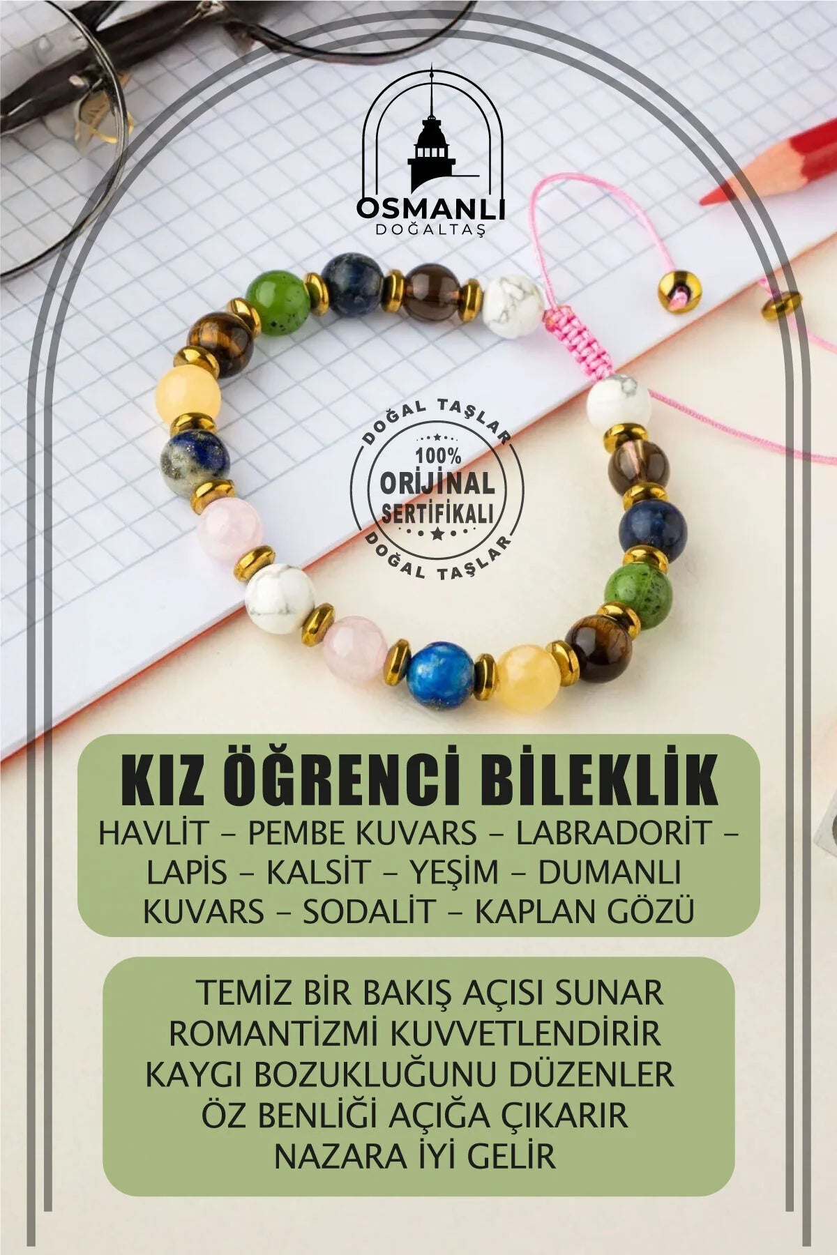 Kız Öğrenci Doğal Taş Bileklik-Havlit-Pembe Kuvars-Labradorit-Lapis Lazuli-Kalsit-Yeşim-Dumanlı Kuvars-Sodalit-Kaplan Gözü