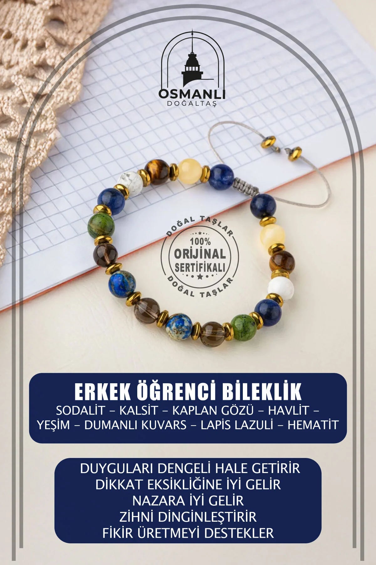 Erkek Öğrenci Doğal Taş Bileklik-Sodalit-Kalsit-Kaplan Gözü-Havlit-Yeşim-Dumanlı Kuvars-Lapis Lazuli-Hematit