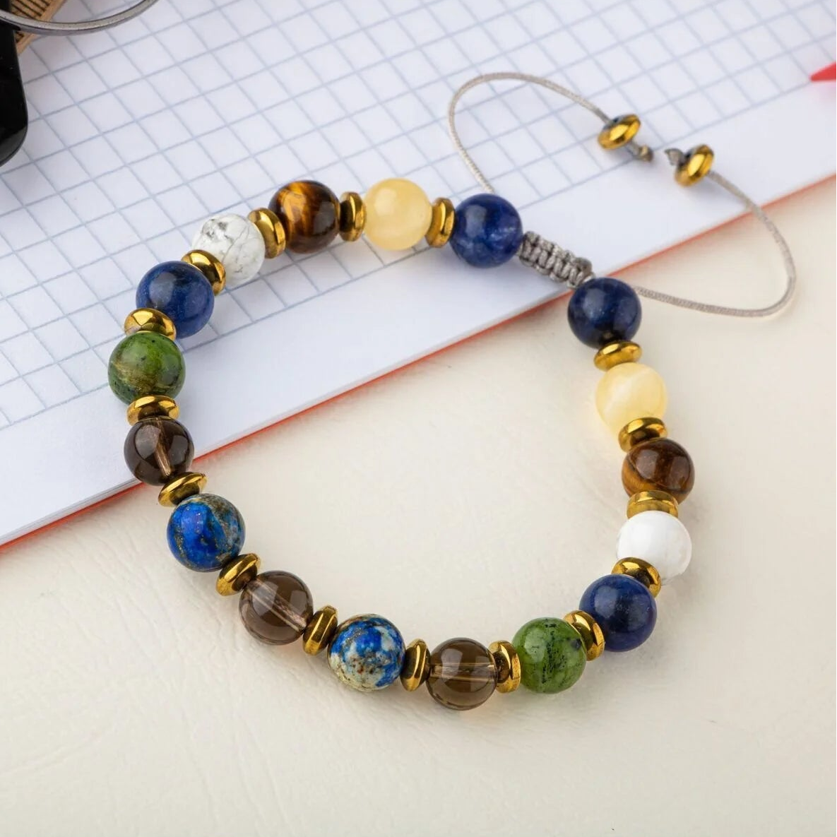 Erkek Öğrenci Doğal Taş Bileklik-Sodalit-Kalsit-Kaplan Gözü-Havlit-Yeşim-Dumanlı Kuvars-Lapis Lazuli-Hematit