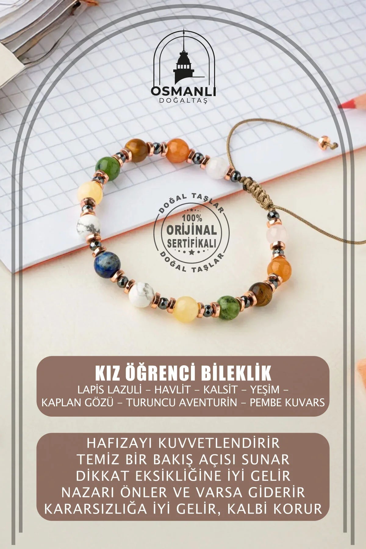 Kız Öğrenci Doğal Taş Bileklik-Lapis Lazuli-Havlit-Kalsit-Yeşim-Kaplan Gözü-Turuncu Aventurin-Pembe Kuvars