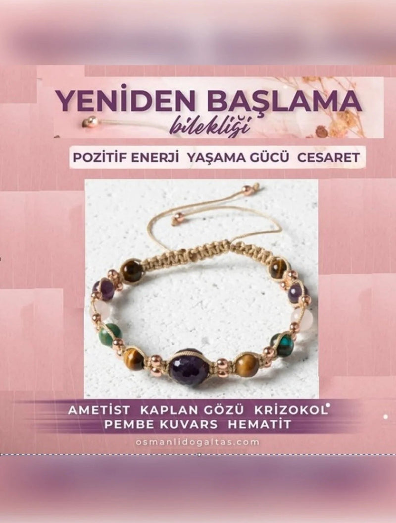 Yeniden Başlama Bilekliği - Ametist-Kaplan Gözü-Pembe Kuvars-Krizokol Doğal Taş Bileklik