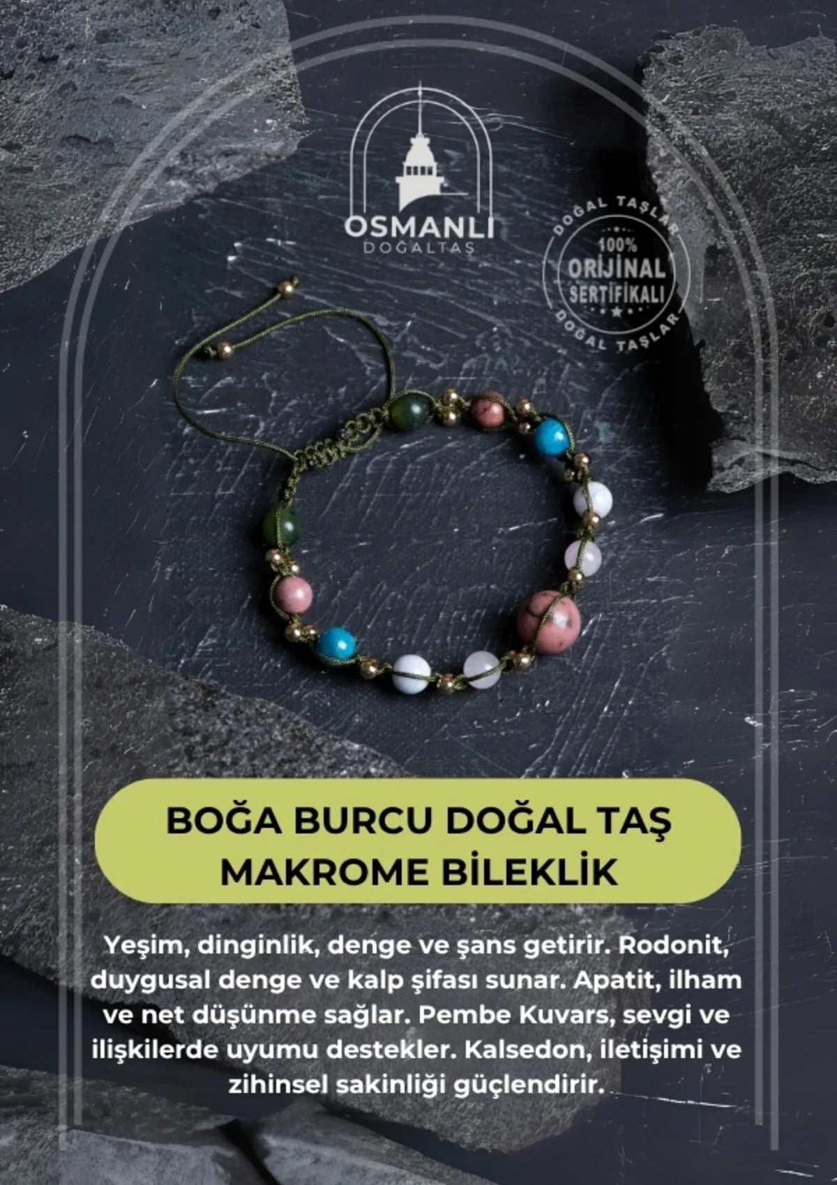 Sertifikalı Boğa Burcu Doğal Taş Makrome Bileklik