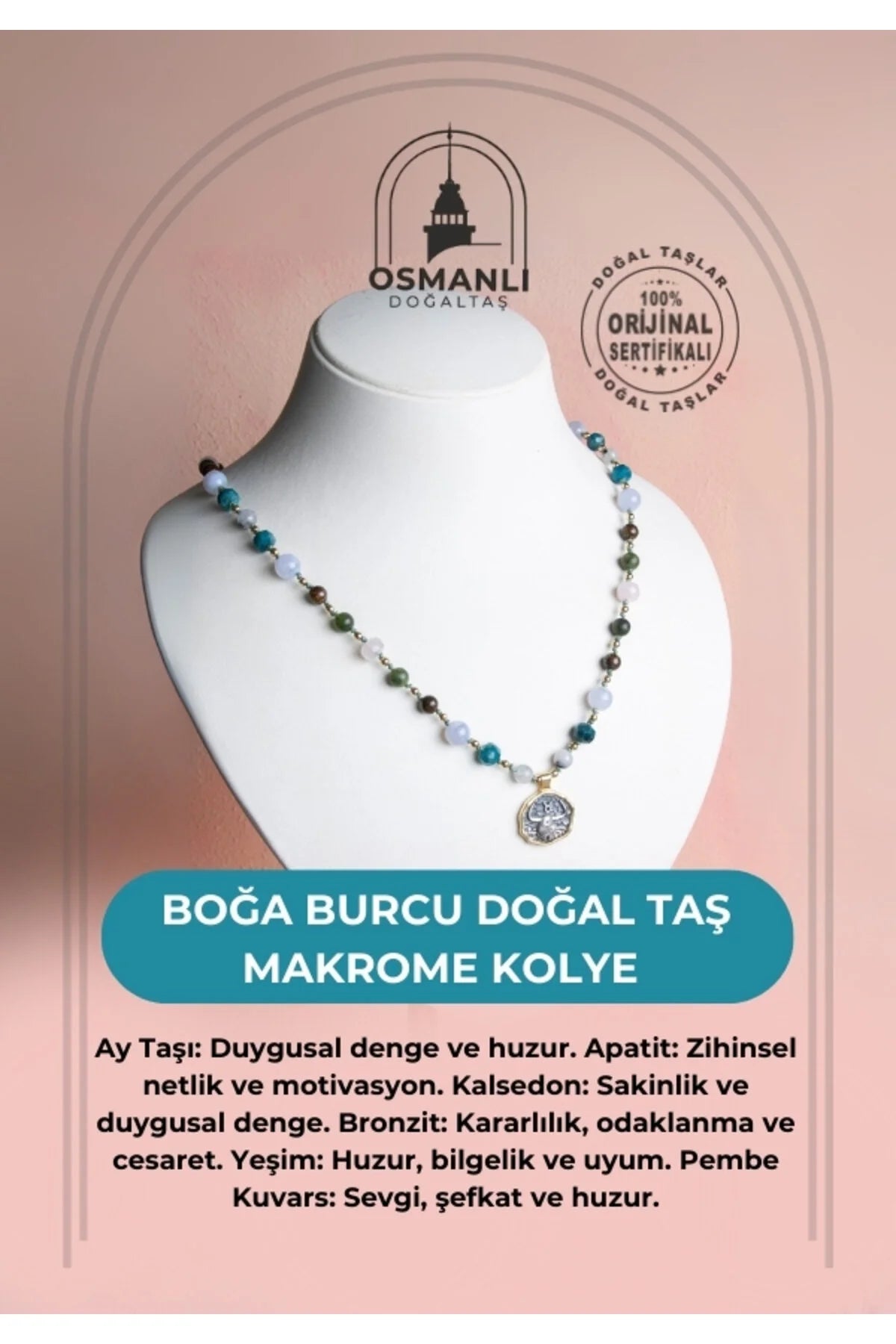 Sertifikalı Boğa Burcu Doğal Taş Makrome Kolye