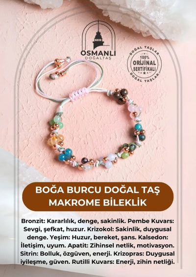 Sertifikalı Doğal Taş Makrome Bileklik / Boğa Burcu
