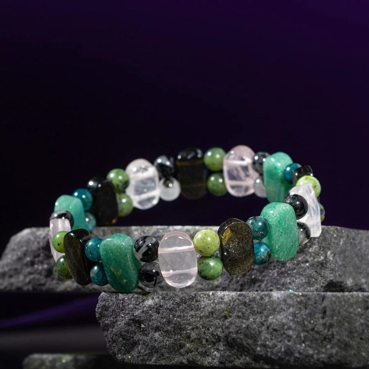 Boğa Burcu Bileklik Golden Obsidyen, Mavi Apatit, Pembe Kuvars, Rutilli Kuvars, Siyah Turmalin, Yeşil Aventurin, Yeşim