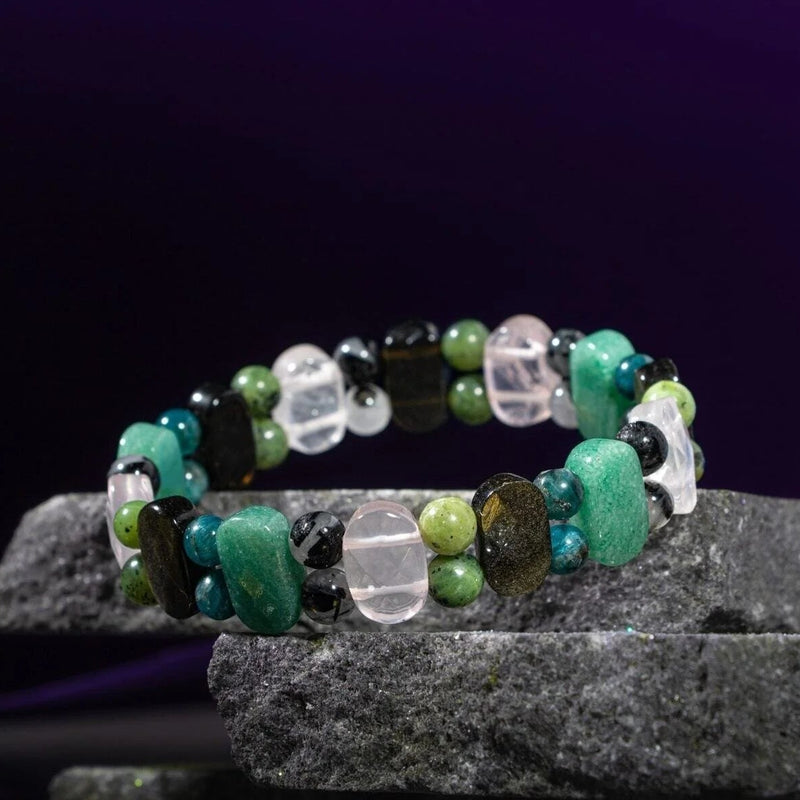 Boğa Burcu Bileklik Golden Obsidyen, Mavi Apatit, Pembe Kuvars, Rutilli Kuvars, Siyah Turmalin, Yeşil Aventurin, Yeşim