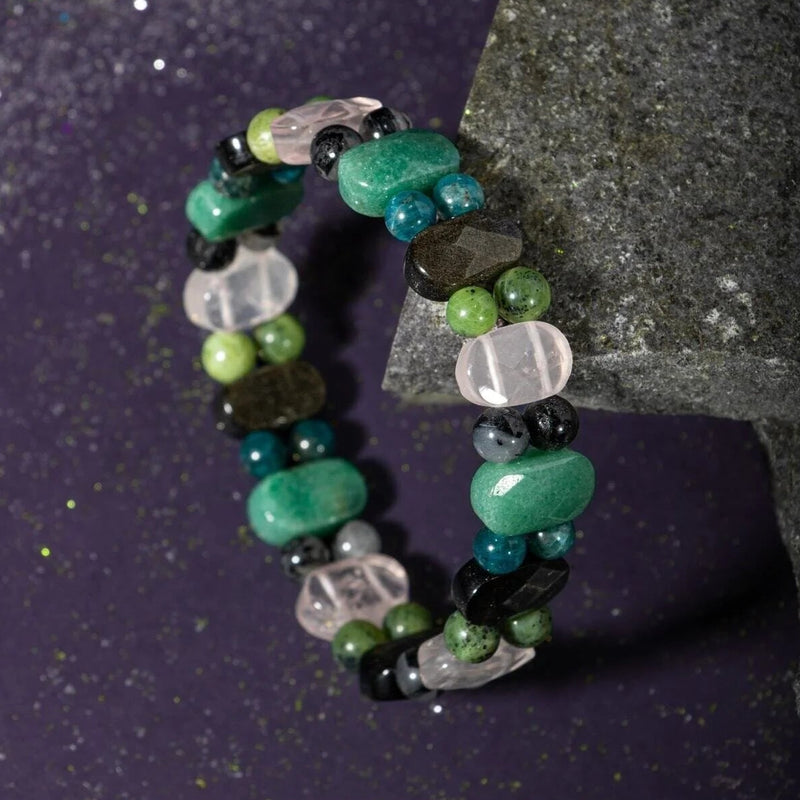 Boğa Burcu Bileklik Golden Obsidyen, Mavi Apatit, Pembe Kuvars, Rutilli Kuvars, Siyah Turmalin, Yeşil Aventurin, Yeşim