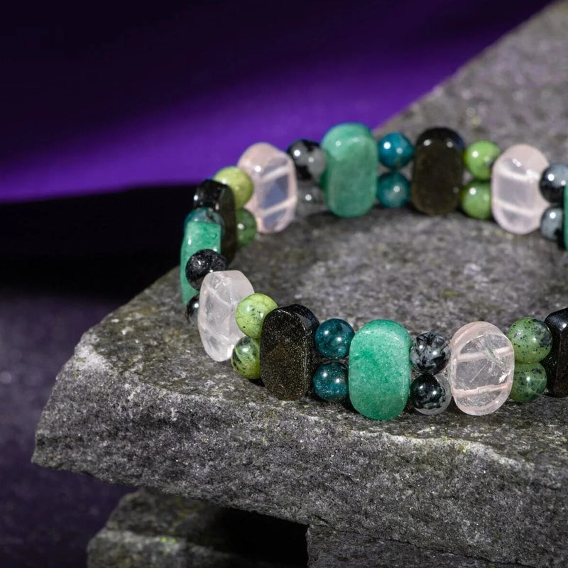 Boğa Burcu Bileklik Golden Obsidyen, Mavi Apatit, Pembe Kuvars, Rutilli Kuvars, Siyah Turmalin, Yeşil Aventurin, Yeşim
