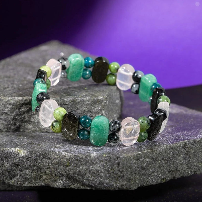 Boğa Burcu Bileklik Golden Obsidyen, Mavi Apatit, Pembe Kuvars, Rutilli Kuvars, Siyah Turmalin, Yeşil Aventurin, Yeşim