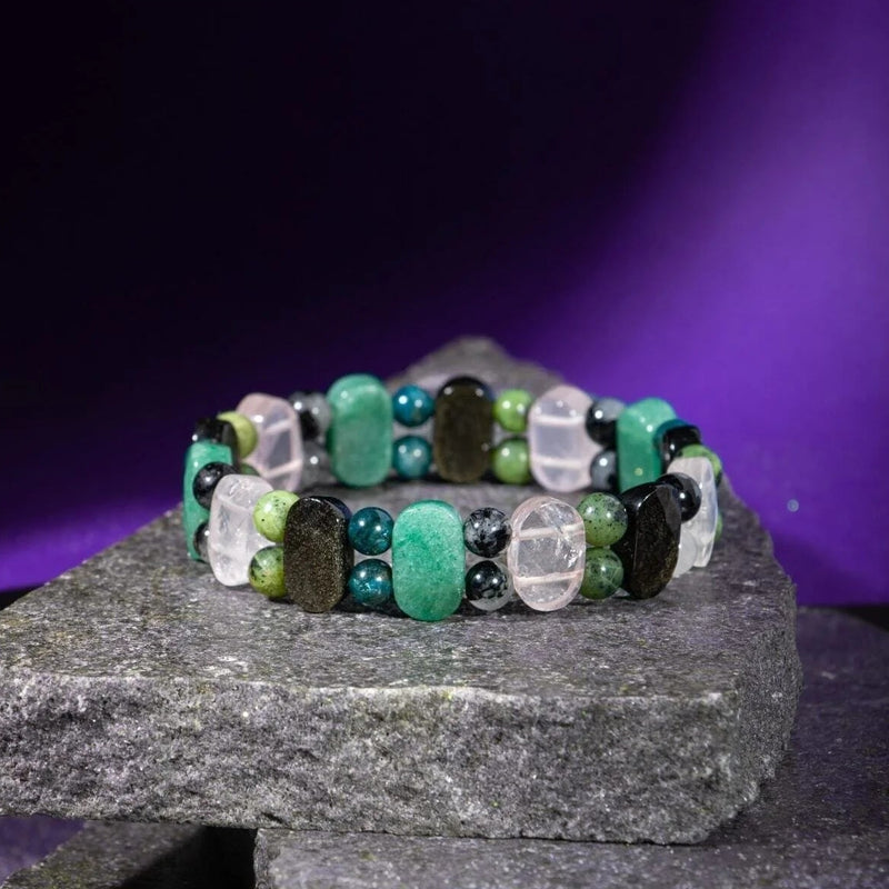 Boğa Burcu Bileklik Golden Obsidyen, Mavi Apatit, Pembe Kuvars, Rutilli Kuvars, Siyah Turmalin, Yeşil Aventurin, Yeşim