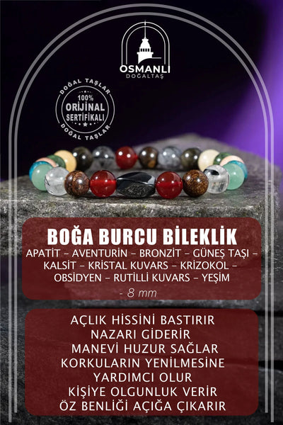 Boğa Burcu Bileklik Bronzit, Golden Obsidyen, Güneş Taşı, Kalsit, Kristal Kuvars, Krizokol, Mavi Apatit, Rutilli Kuvars, Yeşil Aventurin, Yeşim