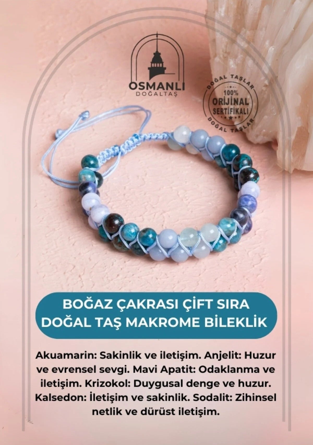 Sertifikalı Boğaz Çakrası Çift Sıra Doğal Taş Makrome Bileklik