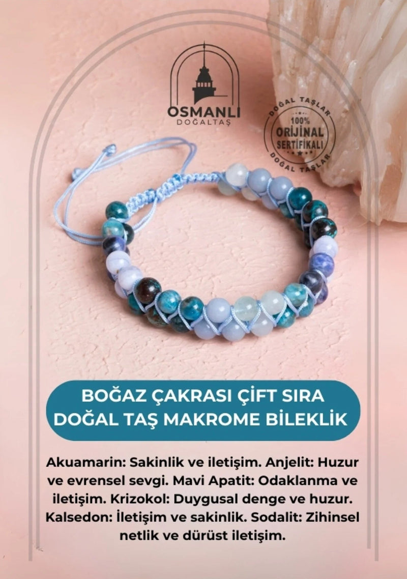 Sertifikalı Boğaz Çakrası Çift Sıra Doğal Taş Makrome Bileklik