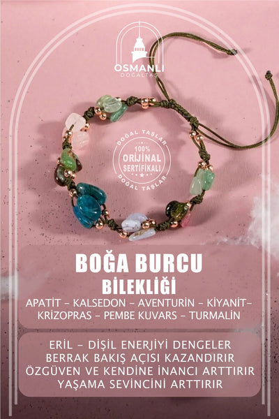 Boğa Burcu Bileklik Kalsedon, Kiyanit, Krizopras, Mavi Apatit, Pembe Kuvars, Renkli Turmalin, Yeşil Aventurin