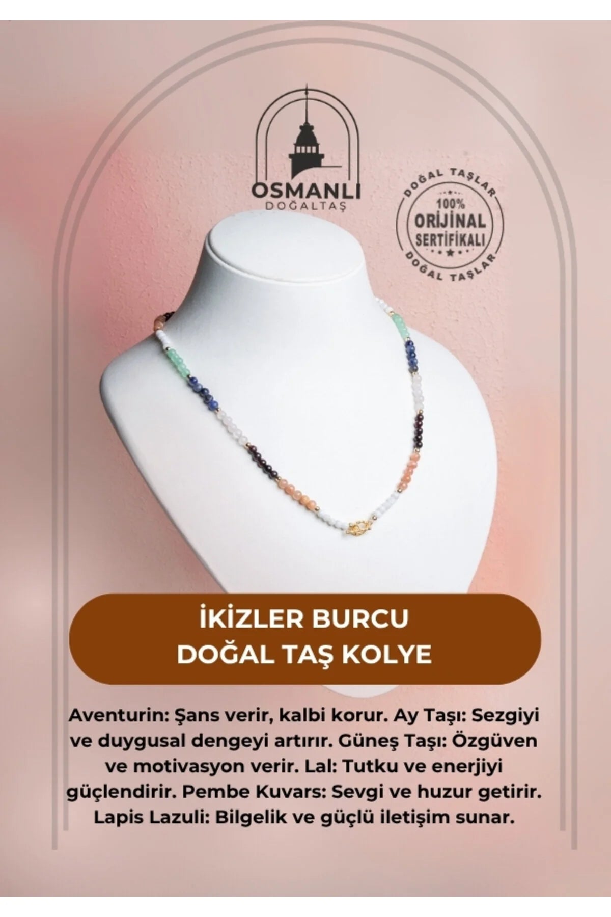 Sertifikalı İkizler Burcu Doğal Taş Kolye