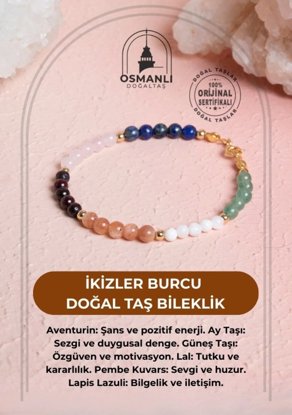 Sertifikalı İkizler Burcu Doğal Taş Bileklik
