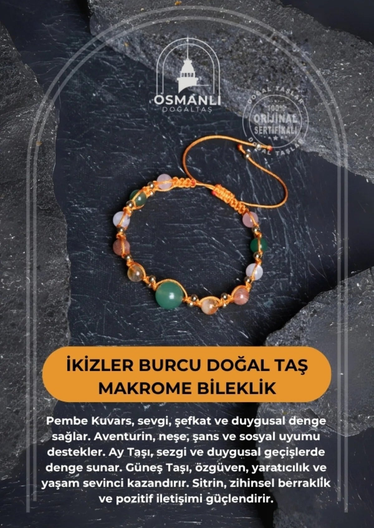 Sertifikalı  Doğal Taş Makrome Bileklik -İkizler Burcu