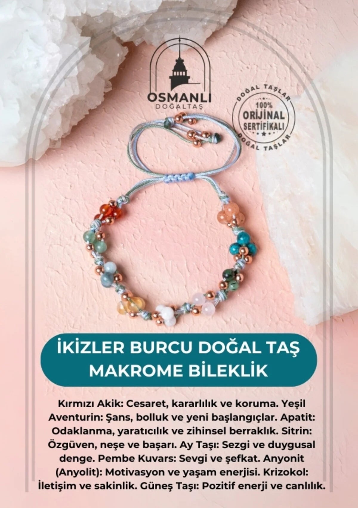 Sertifikalı İkizler Burcu Doğal Taş Makrome Bileklik