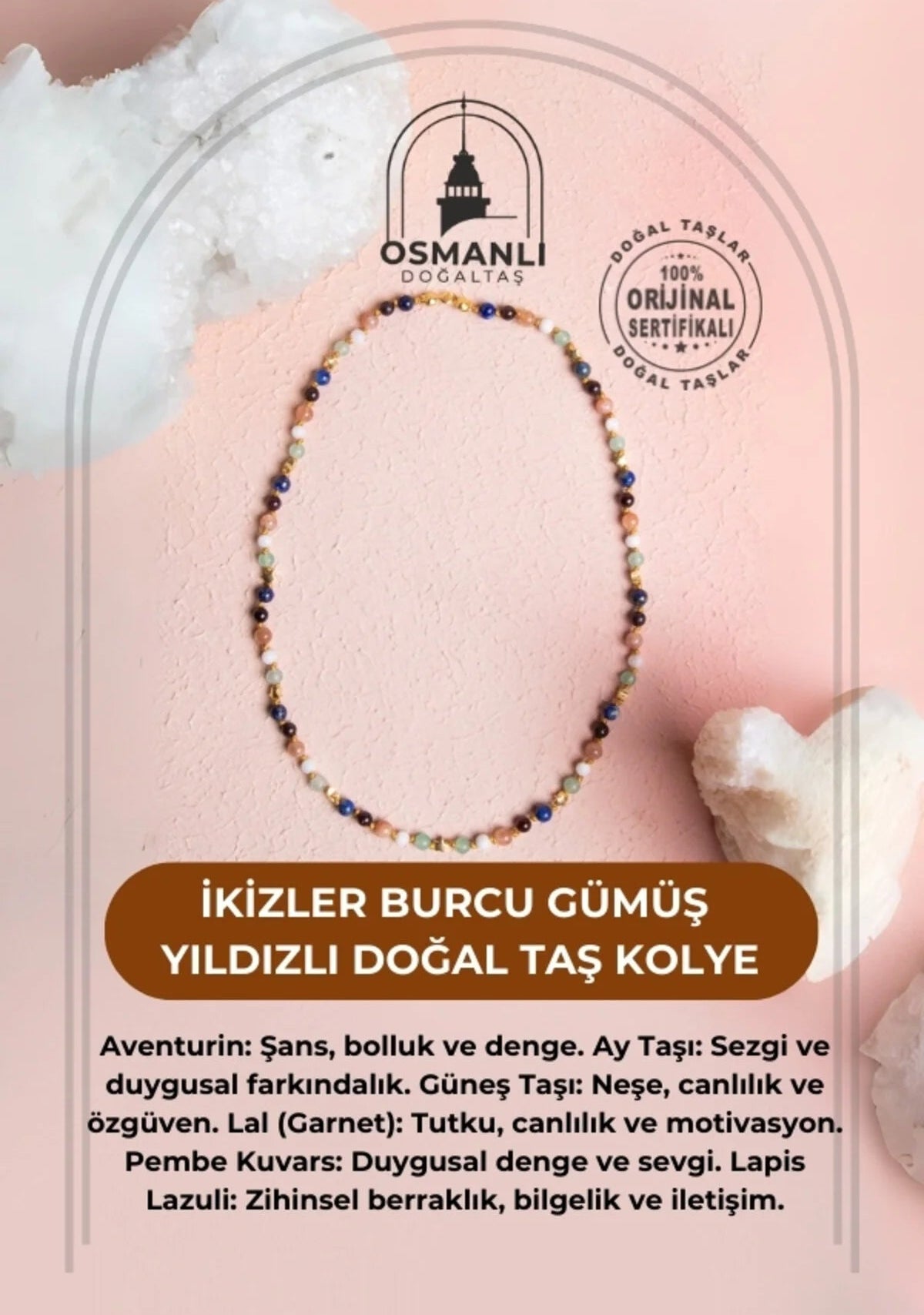 Sertifikalı İkizler Burcu Gümüş Yıldızlı Doğal Taş Kolye