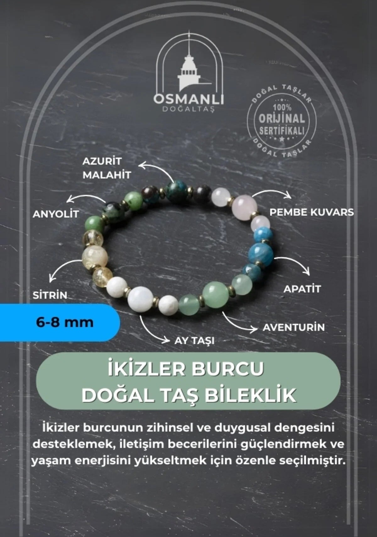 Osmanlı Doğal Taş Sertifikalı İkizler Burcu Doğal Taş Bileklik