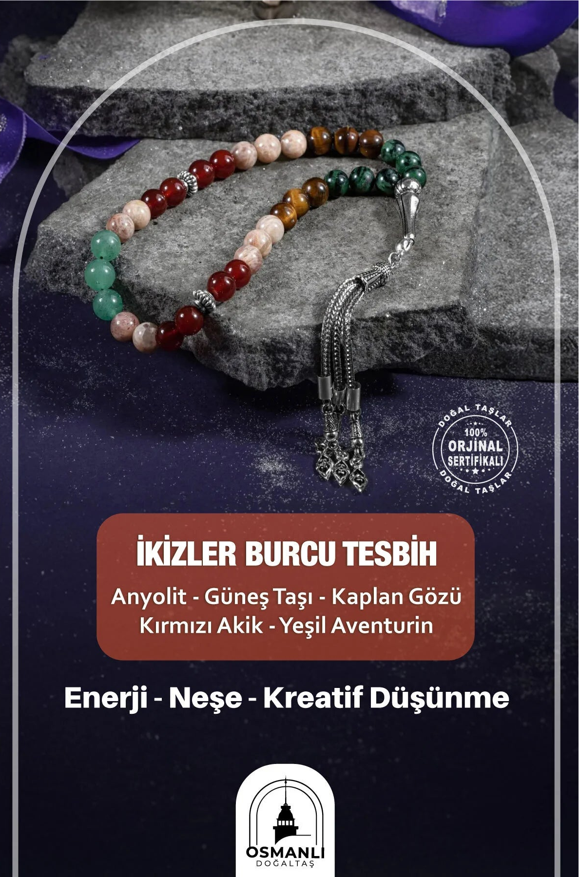 İkizler Burcu Tesbih Anyolit, Güneş Taşı, Kaplan Gözü, Kırmızı Akik, Yeşil Aventurin