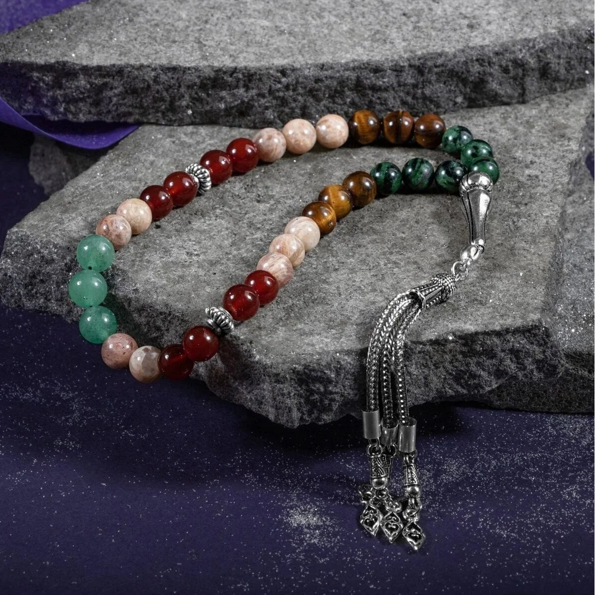 İkizler Burcu Tesbih Anyolit, Güneş Taşı, Kaplan Gözü, Kırmızı Akik, Yeşil Aventurin