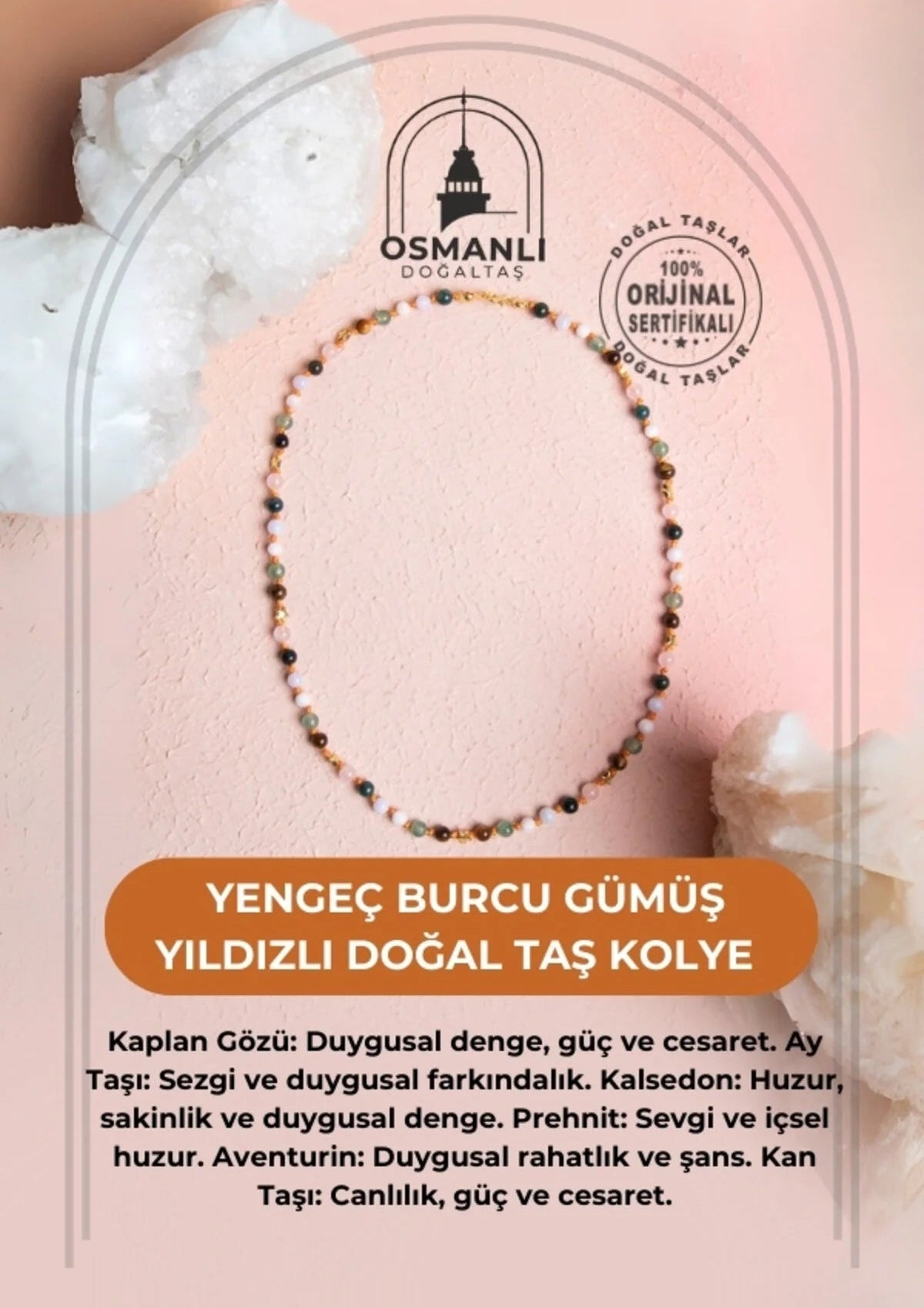 Sertifikalı Yengeç Burcu Gümüş Yıldızlı Doğal Taş Kolye