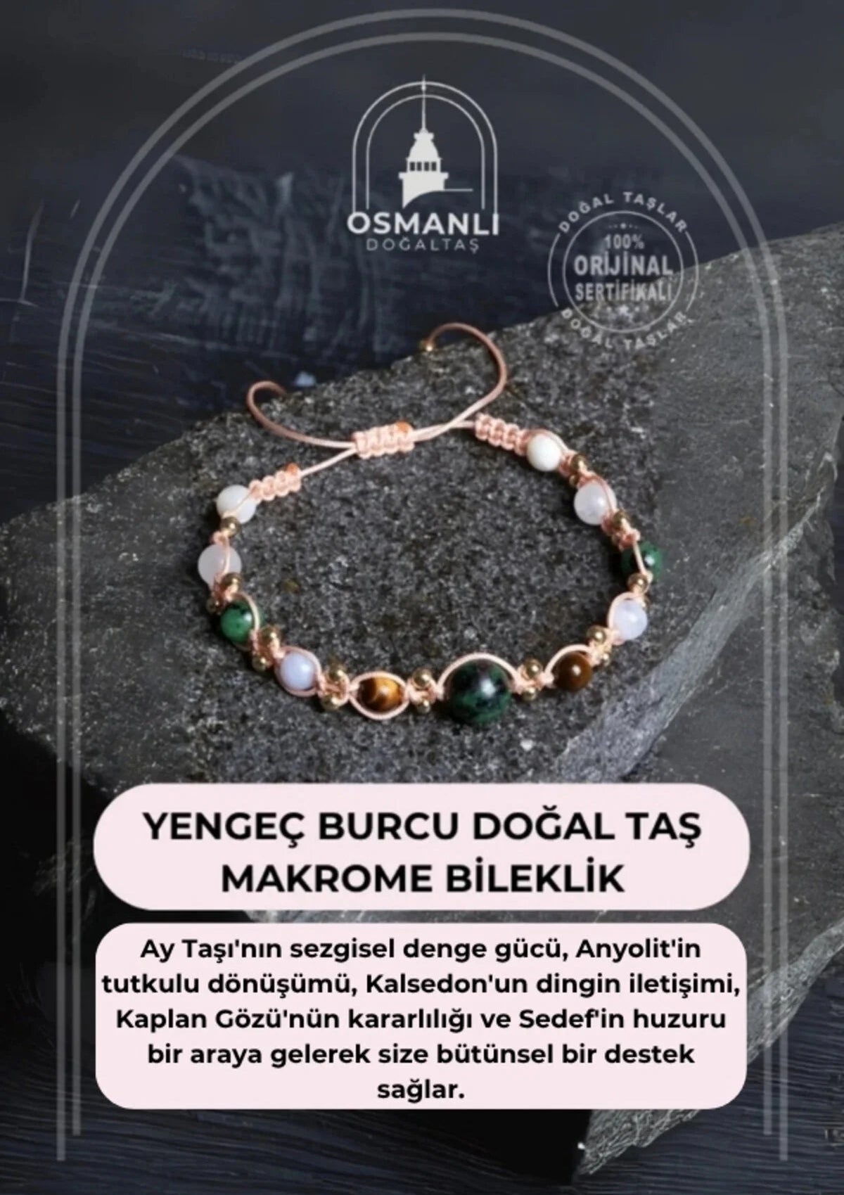 Sertifikalı Yengeç Burcu Doğal Taş Makrome Bileklik