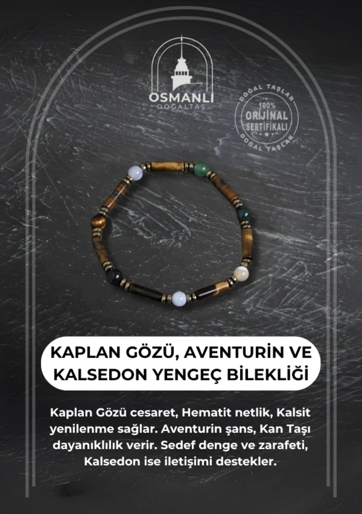 Sertifikalı Kaplan Gözü, Aventurin ve Kalsedon Yengeç Bilekliği