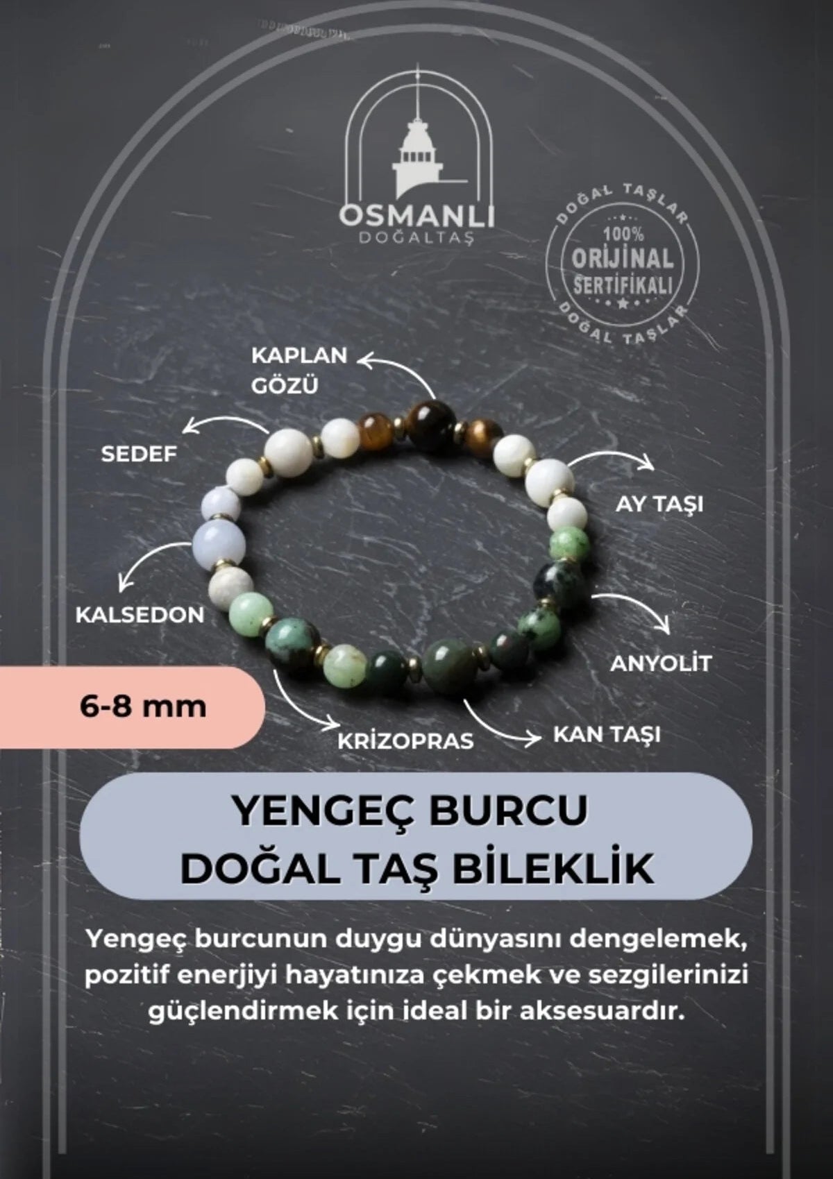 Osmanlı Doğal Taş Sertifikalı Yengeç Burcu Doğal Taş Bileklik