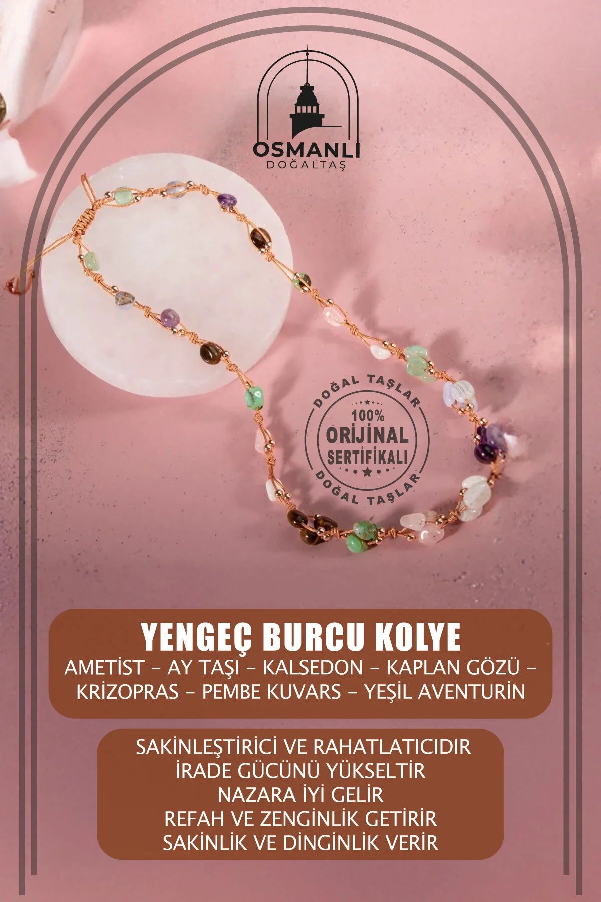 Yengeç Burcu Kolye Ametist, Ay Taşı, Kalsedon, Kaplan Gözü, Krizopras, Pembe Kuvars, Yeşil Aventurin