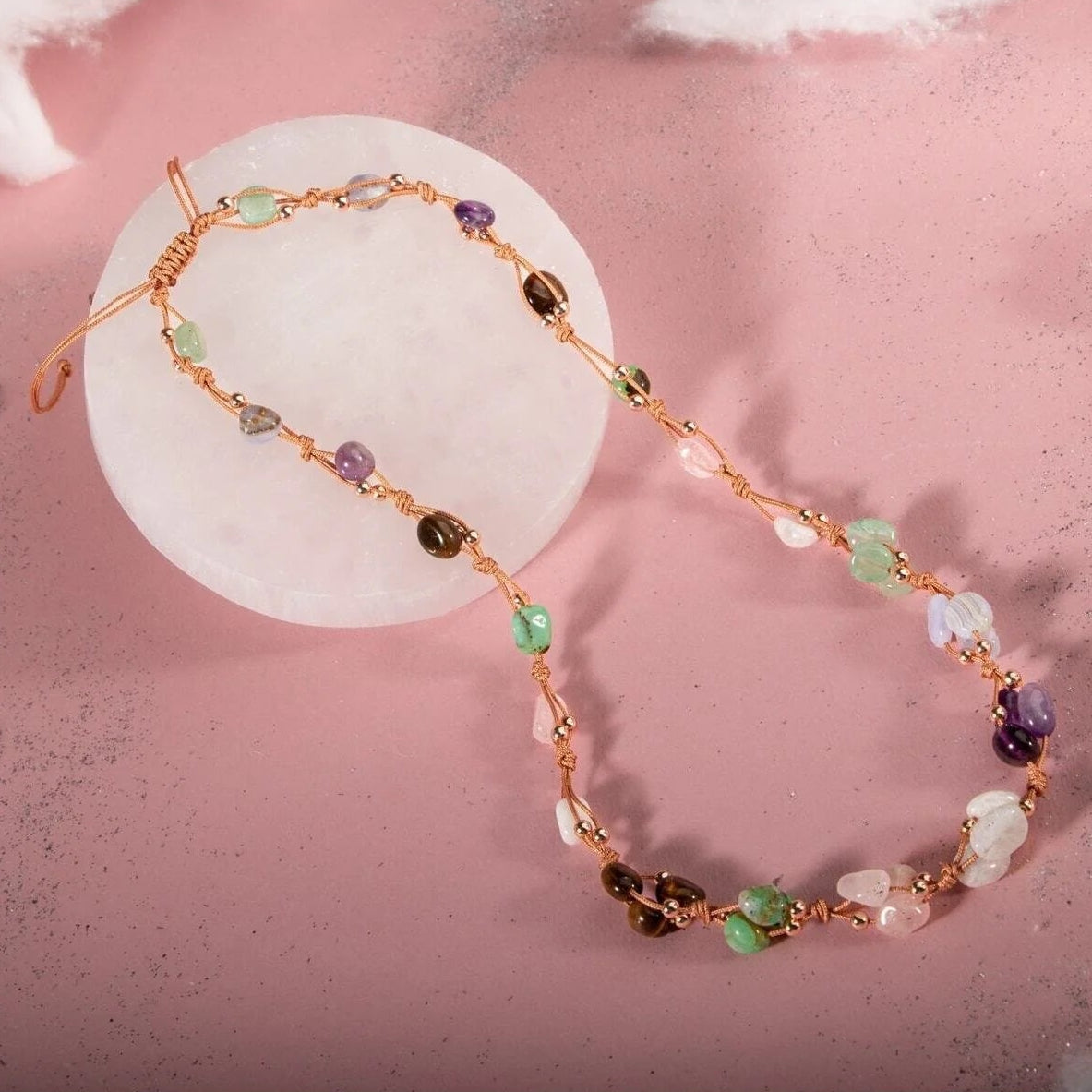 Yengeç Burcu Kolye Ametist, Ay Taşı, Kalsedon, Kaplan Gözü, Krizopras, Pembe Kuvars, Yeşil Aventurin