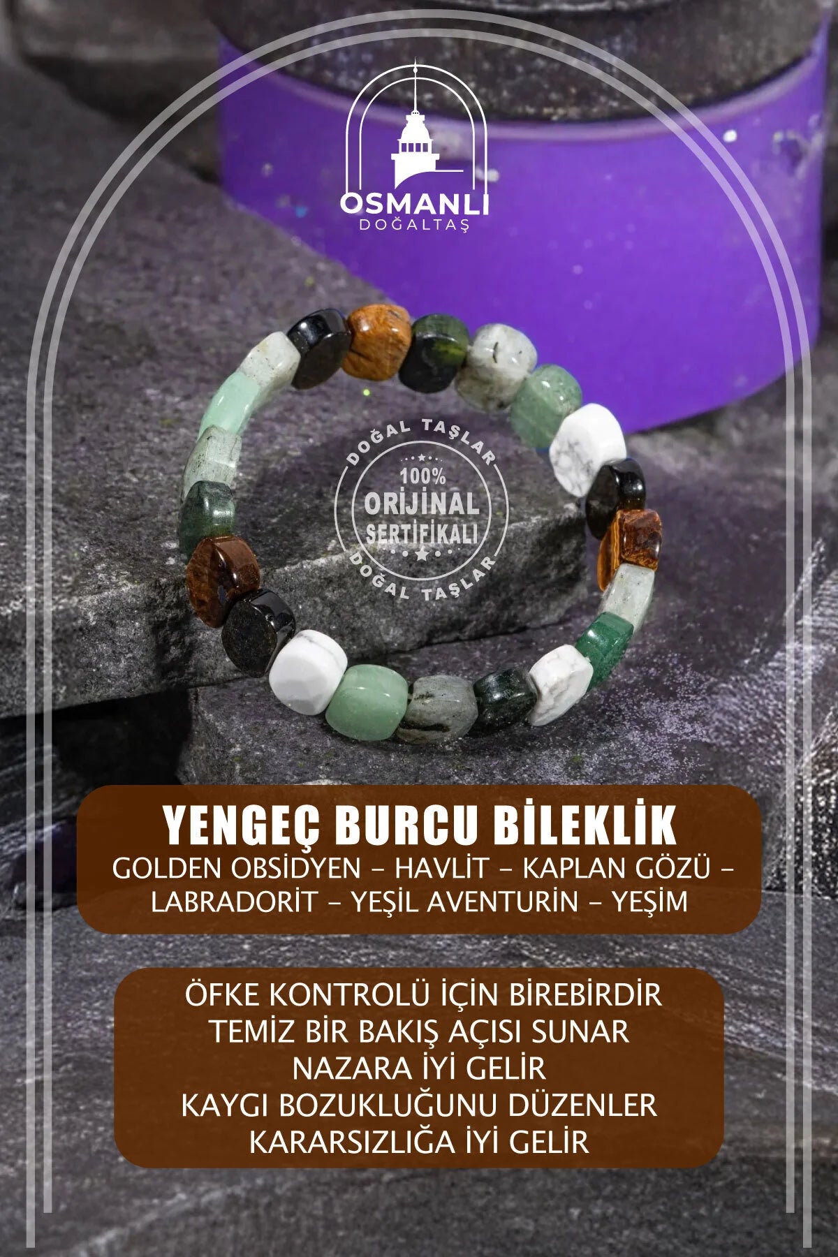 Yengeç Burcu Bileklik Golden Obsidyen, Havlit, Kaplan Gözü, Labradorit, Yeşil Aventurin, Yeşim