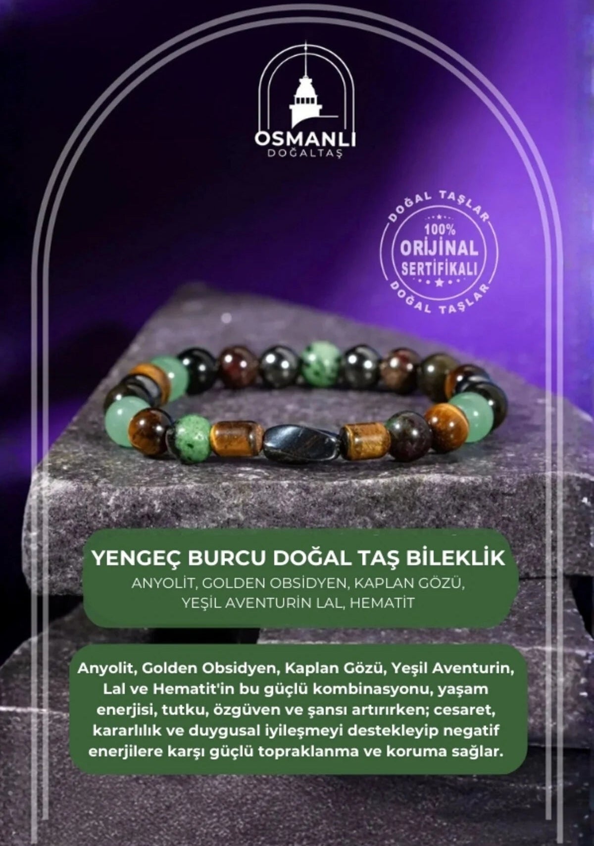 Yengeç Burcu Bileklik Anyolit, Golden Obsidyen, Kaplan Gözü, Yeşil Aventurin, Lal, Hematit